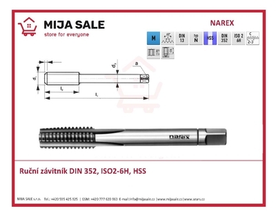 DIN 352 M12 /0200/ ISO2-6H, HSS, Č.1 - 223010 - Ruční sadový závitník 