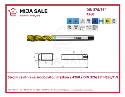 M10 / 4260 / DIN 376/35° HSSE/TiN Strojní závitník se šroubovitou drážkou